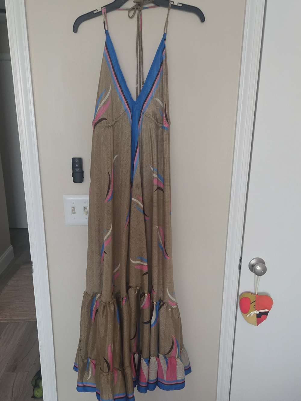 Boho V-Neck Maxi Dress in Brown with Blue & Pink Accents